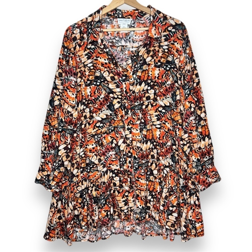 For The Republic Womens 2x Button Up Tunic Top Butterfly Wings Wearable Art